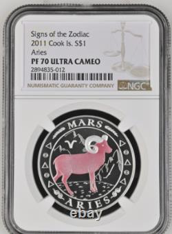 1 Dollar 2011 Cook Island Zodiac Signs Aries Silver Proof Ngc Pf70
