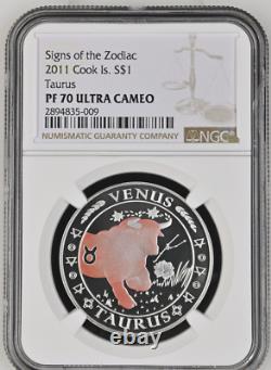 1 Dollar 2011 Cook Islands Zodiac Signs Taurus Silver Proof Rare Ngc Pf70