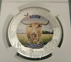 1 oz. Silver Coin. 999 2021 NGC 7k MS70 Texas Longhorn U. S. State Animal Series