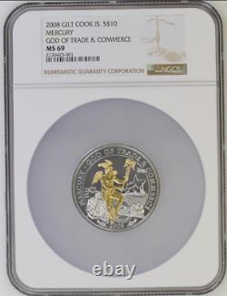 10 Dollars 2008 Cook Islands God Of Trade Mercury Silver Unc Ngc Ms69