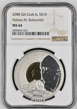 10 Dollars 2008 Cook Islands Nathan Rothschild Silver Unc Ngc Ms64
