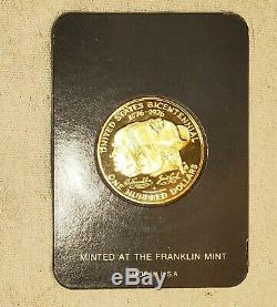 1976 One Hundred Dollar($100) Cook Islands Proof Gold Coin In Card Franklin Mint