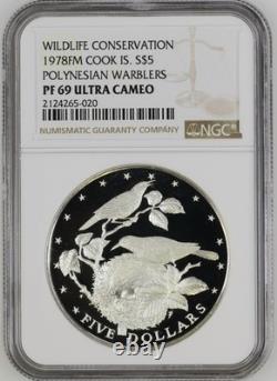 1978 Cook Islands Silver $5 Polynesian Warblers Birds Proof NGC PF 69