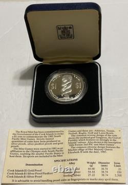 1985 Silver Proof Cook Islands $1 Dong Dollar 2nd P. I. C. & Mini Games OGP COA