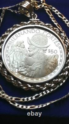 1988 Cook Islands, Hernán Cortés Conquistador Silver Dollar Pendant w Box & Coa