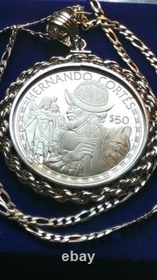 1988 Cook Islands, Hernán Cortés Conquistador Silver Dollar Pendant w Box & Coa