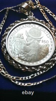 1988 Cook Islands, Hernán Cortés Conquistador Silver Dollar Pendant w Box & Coa