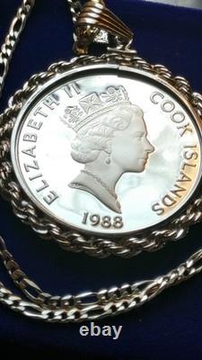 1988 Cook Islands, Hernán Cortés Conquistador Silver Dollar Pendant w Box & Coa