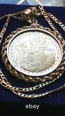 1988 Cook Islands, Hernán Cortés Conquistador Silver Dollar Pendant w Box & Coa