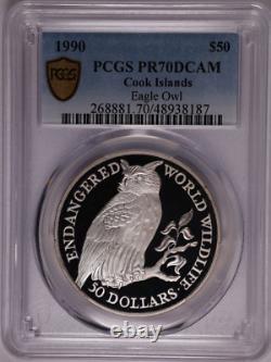1990 COOK ISLANDS Silver 50 Dollars Eagle Owl Endangered Wildlife PCGS PR70 DCAM
