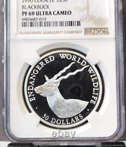 1990 Cook Islands Silver 50 Dollars Blackbuck Ngc Pf 69 Ultra Cameo Top Pop