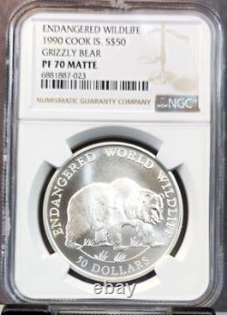 1990 Cook Islands Silver 50 Dollars Grizzly Bear Ngc Pf 70 Matte Rare Perection