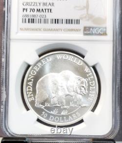 1990 Cook Islands Silver 50 Dollars Grizzly Bear Ngc Pf 70 Matte Rare Perection