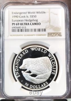 1990 Cook Islands Silver 50 Dollars Hedgehog Ngc Pf 69 Ultra Cameo Top Pop