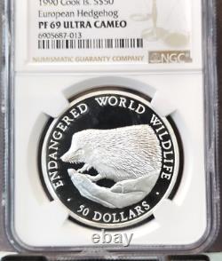 1990 Cook Islands Silver 50 Dollars Hedgehog Ngc Pf 69 Ultra Cameo Top Pop
