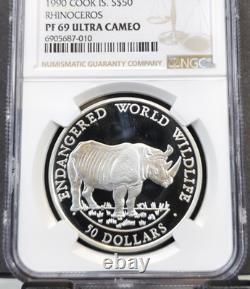 1990 Cook Islands Silver 50 Dollars Rhinoceros Ngc Pf 69 Ultra Cameo Gem Proof