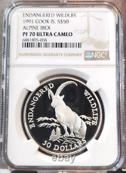 1991 Cook Islands Silver 50 Dollars Alpine Ibex Ngc Pf 70 Ultra Cameo Pop 1