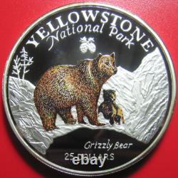 1996 Cook Islands $25 Grizzly Bear 5 Oz Silver Proof Colored Yellowstone Park Rr