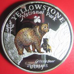 1996 Cook Islands $25 Grizzly Bear 5 Oz Silver Proof Colored Yellowstone Park Rr