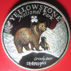 1996 Cook Islands $25 Grizzly Bear 5 Oz Silver Proof Colored Yellowstone Park Rr