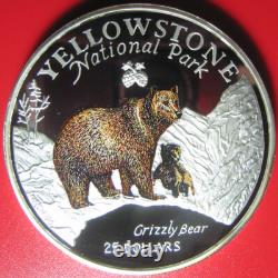 1996 Cook Islands $25 Grizzly Bear 5 Oz Silver Proof Colored Yellowstone Park Rr