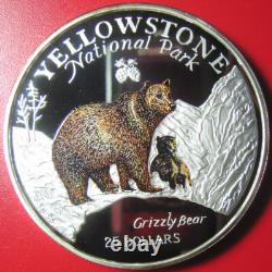 1996 Cook Islands $25 Grizzly Bear 5 Oz Silver Proof Colored Yellowstone Park Rr