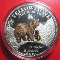 1996 Cook Islands $25 Grizzly Bear 5 Oz Silver Proof Colored Yellowstone Park Rr