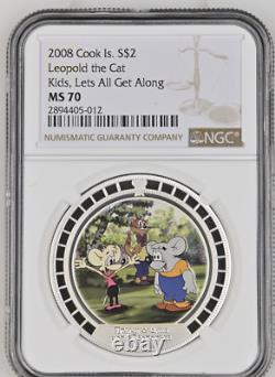 2 Dollars 2008 Cook Islands Leopold The Cat Kids Silver Proof Ngc Ms70