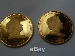 2 x 2007 COOK ISLANDS GOLD PROOF 100 DOLLARS- 40 grams/ 18 Carat gold