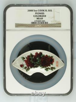 2008 S$5 Cook Islands 5oz Silver Peonies Colorized NGC MS69