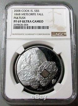 2008 Silver Cook Islands 1868 Meteorite Fall Pultusk $5 Coin Ngc Proof 69 Uc