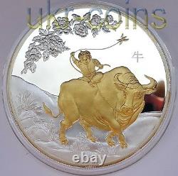 2009 Cook Islands $25 Lunar Year of the Ox 5Oz Silver Gilded Coin Chinese Zodiac