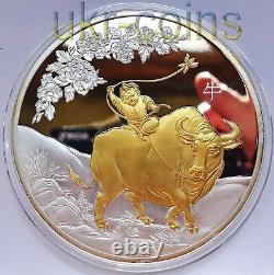 2009 Cook Islands $25 Lunar Year of the Ox 5Oz Silver Gilded Coin Chinese Zodiac