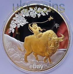 2009 Cook Islands $25 Lunar Year of the Ox 5Oz Silver Gilded Coin Chinese Zodiac