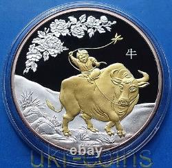 2009 Cook Islands $5 Chinese Lunar Year of the Ox 1 Oz Silver Proof Gilded Coin