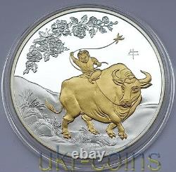 2009 Cook Islands $5 Chinese Lunar Year of the Ox 1 Oz Silver Proof Gilded Coin