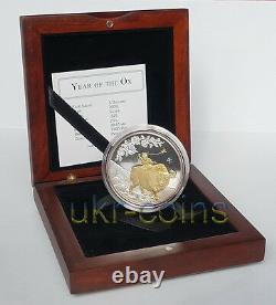 2009 Cook Islands $5 Chinese Lunar Year of the Ox 1 Oz Silver Proof Gilded Coin