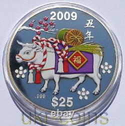 2009 Cook Islands Lunar $25 Year of the Ox 5 Oz Silver Proof Color Coin Zodiac