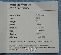 2011 Cook Islands $5 Marilyn Monroe 85th Ann. 25g. 925 Silver Coin with diamond