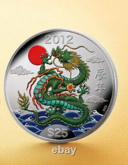2012 Cook Islands $25 Lunar Year of the Dragon 5 Oz Silver Proof Color Coin