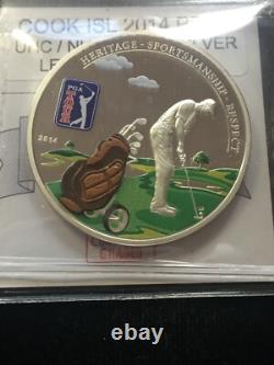 2014 Cook Islands, 1 Oz. 999 Silver $5 Dollar Leather Golf Bag CMG PF-68 UHC