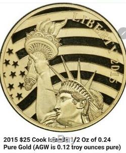2015 Cook Islands $25 Liberty 1/2 Ounce. 24 Pure Gold Collector Coin