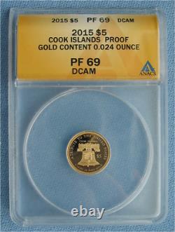2015 Cook Islands Proof 1/10 oz 0.24 Pure Gold Coin Statue of Liberty Bell $5