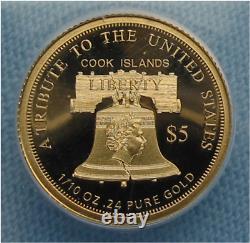 2015 Cook Islands Proof 1/10 oz 0.24 Pure Gold Coin Statue of Liberty Bell $5