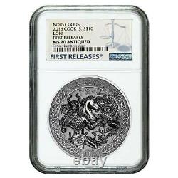 2016 $10 COOK ISLANDS NORSE GODS LOKI FIRST RELEASE NGC MS70 ANTIQUED WithCOA