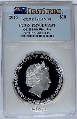 2016 $20 Cook Islands 3 Oz Silver Queen Elizabeth II 90th Birthday PCGS PR70 FS