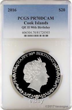 2016 $20 Cook Islands 90th Birthday QE II 100mm 3oz. PCGS PR70DCAM