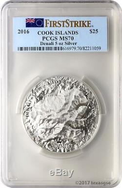 2016 $25 Cook Islands 7 Summits Denali 5oz. 999 Silver PCGS MS70 FS