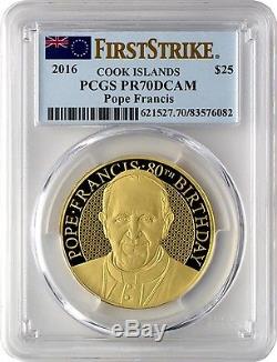 2016 $25 Cook Islands Pope Francis 1/4 oz. Gold Coin PCGS PR70DCAM First Strike