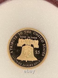 2016 $5 PROOF COOK ISLANDS Statue of LIBERTY Gold Coin, 1/10 Oz. 240 Fine Gold